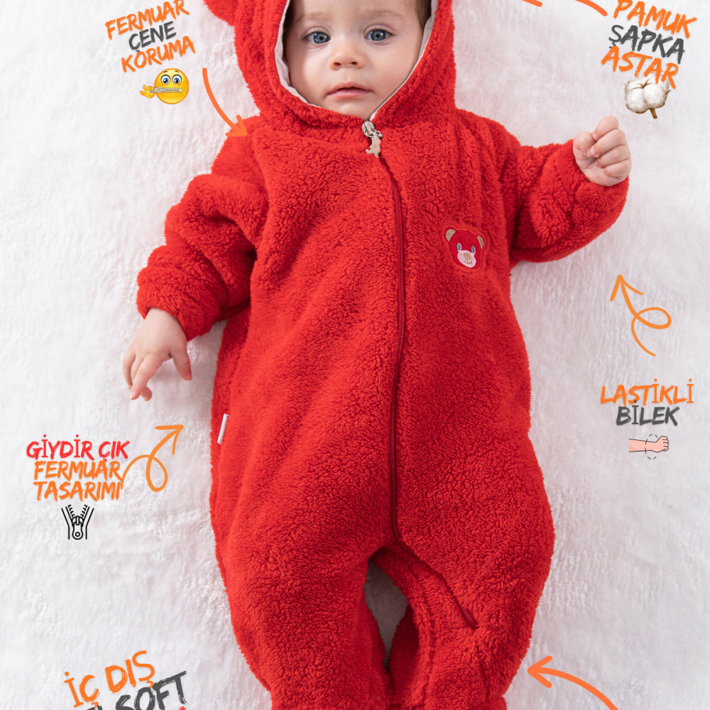 Welsoft Peluş Fermuarlı Kışlık Unisex Kız Erkek Bebek Uyku Tulumu Bebek Tulumu Çocuk Tulumu Kostümü Kırmızı