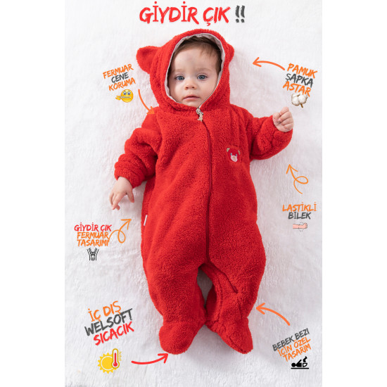 Welsoft Peluş Fermuarlı Kışlık Unisex Kız Erkek Bebek Uyku Tulumu Bebek Tulumu Çocuk Tulumu Kostümü
