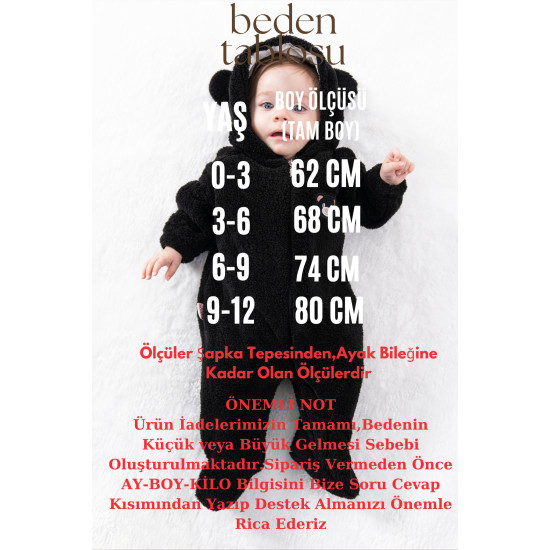 Welsoft Peluş Fermuarlı Kışlık Unisex Kız Erkek Bebek Uyku Tulumu Bebek Tulumu Çocuk Tulumu Kostümü Siyah