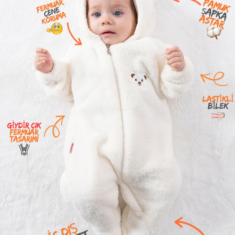 Welsoft Peluş Unisex Fermuarlı Kışlık Bebek Uyku Tulumu Bebek Tulumu Çocuk Tulumu Çocuk Kostümü Beyaz