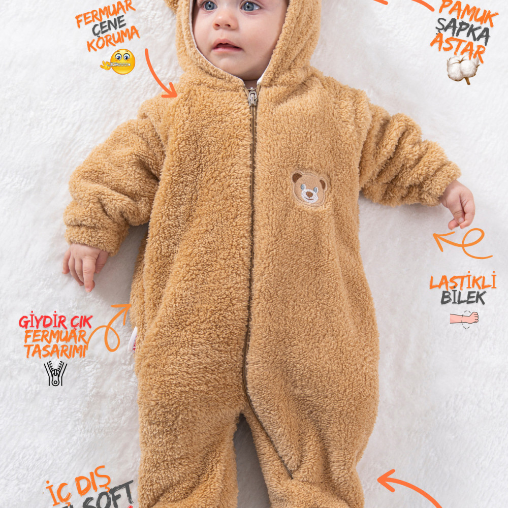 Welsoft Peluş Fermuarlı Kışlık Unisex Kız Erkek Bebek Uyku Tulumu Bebek Tulumu Çocuk Tulumu Kostümü Kahverengi