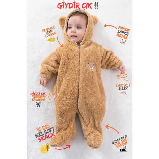 Welsoft Peluş Fermuarlı Kışlık Unisex Kız Erkek Bebek Uyku Tulumu Bebek Tulumu Çocuk Tulumu Kostümü