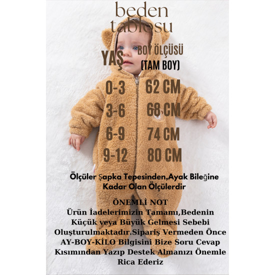 Welsoft Peluş Fermuarlı Kışlık Unisex Kız Erkek Bebek Uyku Tulumu Bebek Tulumu Çocuk Tulumu Kostümü