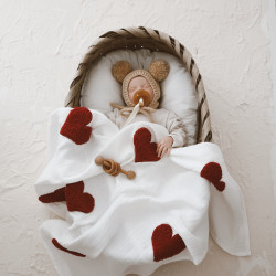 Teddy-Dört Kat Müslin Kırmızı Kalp Battaniye