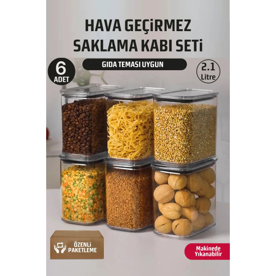 6 Adet 2100 ML Dikdörtgen Hava Almaz Contalı Saklama Kabı Seti