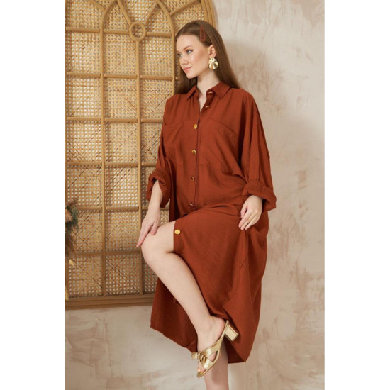 Pasaklı Giyim Kadın Oversize Yarasa Kol Tesettüre Uygun Gömlek Elbise-Tesettür Tunik 3282528 Kiremit
