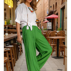 Kadın Çağla Yeşili Bol Paça Beli Lastikli Rahat Çift Cepli Keten Görünümlü Rahat Pantolon Yb2933220