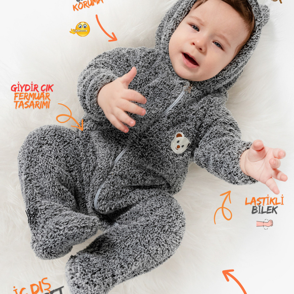 Welsoft Peluş Fermuarlı Kışlık Unisex Kız Erkek Bebek Uyku Tulumu Bebek Tulumu Çocuk Tulumu Gri