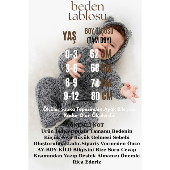 Welsoft Peluş Fermuarlı Kışlık Unisex Kız Erkek Bebek Uyku Tulumu Bebek Tulumu Çocuk Tulumu