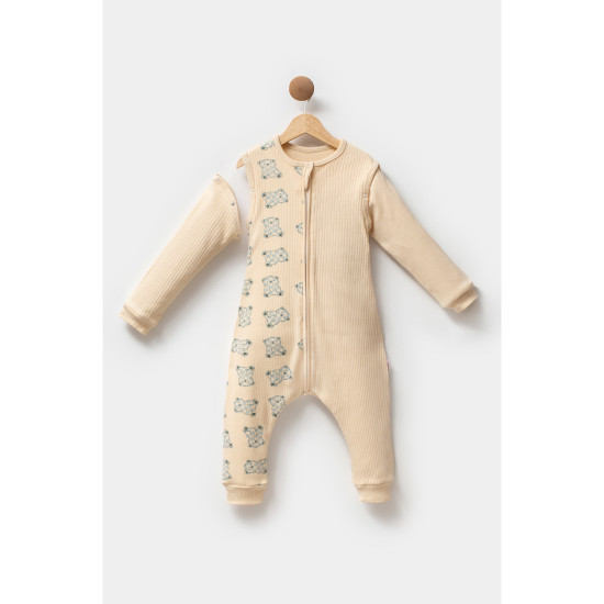 Kız Erkek Unisex Mevsimlik Kolları Çıkan Çift Kat Organik %100 Doğal Pamuk Bebek Çocuk Uyku Tulumu Mavi Ayıcık Desen