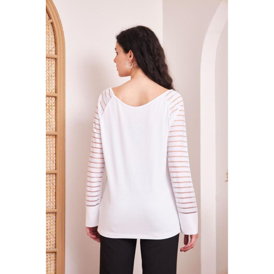 Kadın Tek Omuz Geniş Yaka Kolları Tül Şerit Detaylı Salaş Uzun Kollu Şık Bluz 5590180