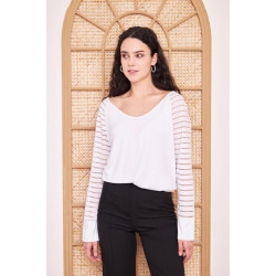 Kadın Tek Omuz Geniş Yaka Kolları Tül Şerit Detaylı Salaş Uzun Kollu Şık Bluz 5590180