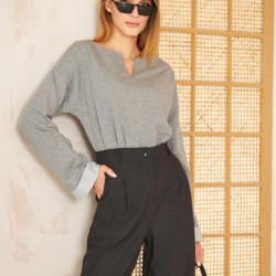 Kadın Ekstra Uzun Duble Kol / Yakası Yırtmaçlı Salaş Sweatshirt Bluz 3470190