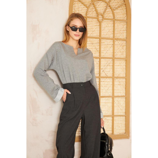 Kadın Ekstra Uzun Duble Kol / Yakası Yırtmaçlı Salaş Sweatshirt Bluz 3470190