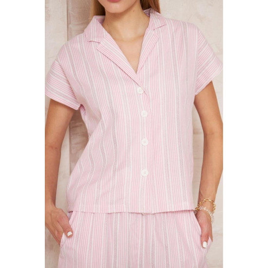 Kadın Özel Kumaş Ceket Yaka Beli Lastikli Kısa Kol Gömlek Cepli Şort Takım 3625270