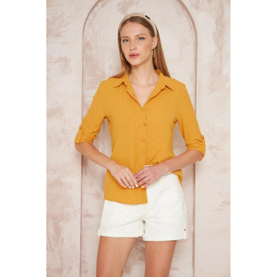 Pasaklı Giyim Hardal Sarısı Ponpon Dokulu Slim Fit Aerobin Kadın Gömlek