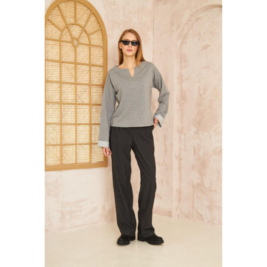 Kadın Ekstra Uzun Duble Kol / Yakası Yırtmaçlı Salaş Sweatshirt Bluz 3470190