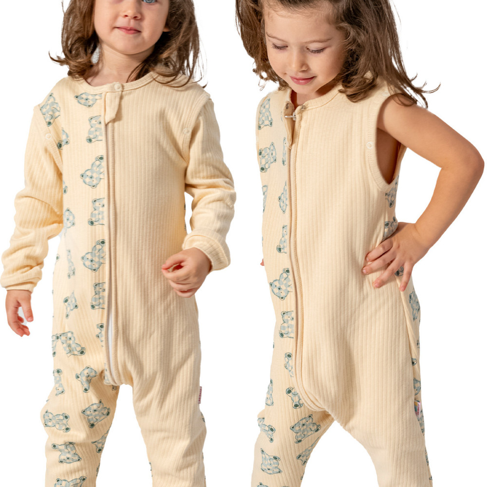 Kız Erkek Unisex Mevsimlik Kolları Çıkan Çift Kat Organik %100 Doğal Pamuk Bebek Çocuk Uyku Tulumu Mavi Ayıcık Desen