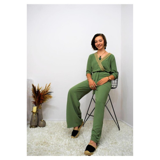 Kadın Beli Lastikli Kemerli Cepli Rahat Kolu Katlanabilir Kruvaze Hasır Yaka Tulum Yb2946350