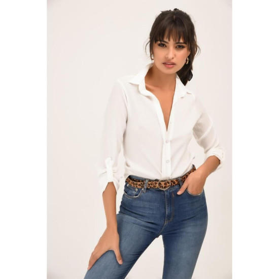 Kadın Ekru Beyaz Viskon Uzun Kollu Basic Gömlek 4094160