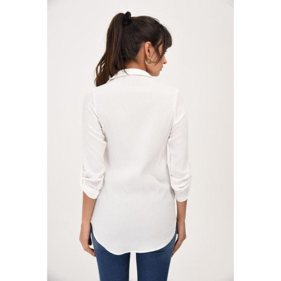 Kadın Ekru Beyaz Viskon Uzun Kollu Basic Gömlek 4094160