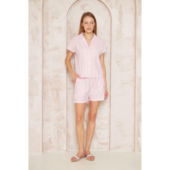 Kadın Özel Kumaş Ceket Yaka Beli Lastikli Kısa Kol Gömlek Cepli Şort Takım 3625270