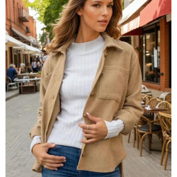 Kadın Camel Kaşe Kalın Düz Renk Çift Cepli Oduncu Gömlek Yb3275253