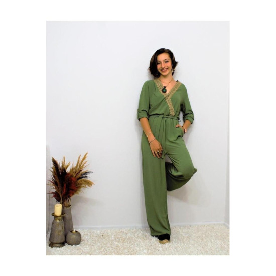 Kadın Beli Lastikli Kemerli Cepli Rahat Kolu Katlanabilir Kruvaze Hasır Yaka Tulum Yb2946350