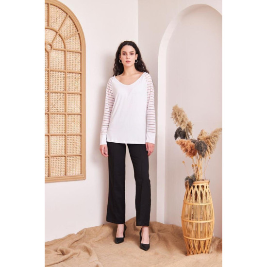 Kadın Tek Omuz Geniş Yaka Kolları Tül Şerit Detaylı Salaş Uzun Kollu Şık Bluz 5590180