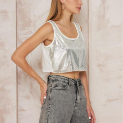 Kadın Ekru Beyaz Kalın Askılı Önü Pullu Payet Arkası Penye Salaş Crop Bluz 3643150