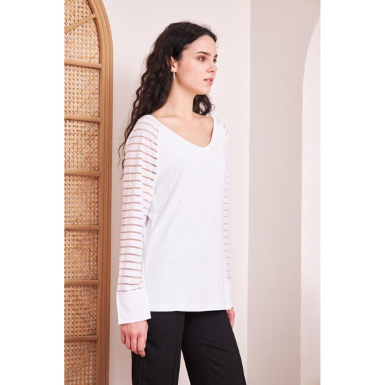 Kadın Tek Omuz Geniş Yaka Kolları Tül Şerit Detaylı Salaş Uzun Kollu Şık Bluz 5590180