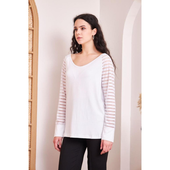 Kadın Tek Omuz Geniş Yaka Kolları Tül Şerit Detaylı Salaş Uzun Kollu Şık Bluz 5590180