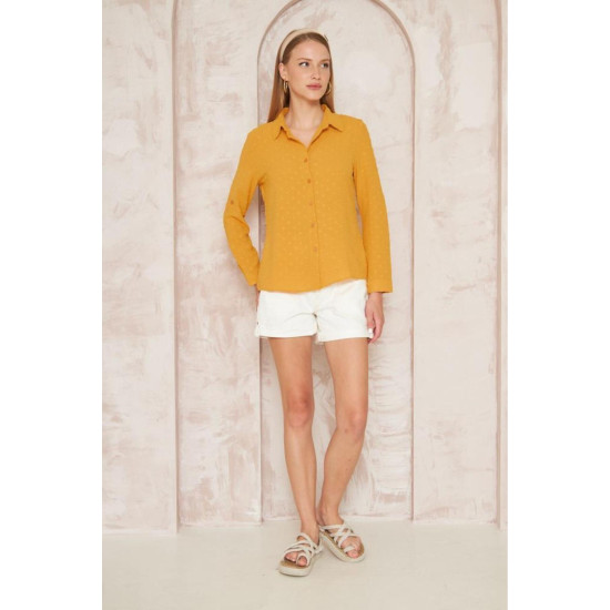 Pasaklı Giyim Hardal Sarısı Ponpon Dokulu Slim Fit Aerobin Kadın Gömlek