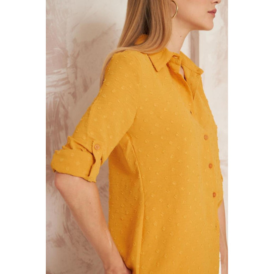 Pasaklı Giyim Hardal Sarısı Ponpon Dokulu Slim Fit Aerobin Kadın Gömlek