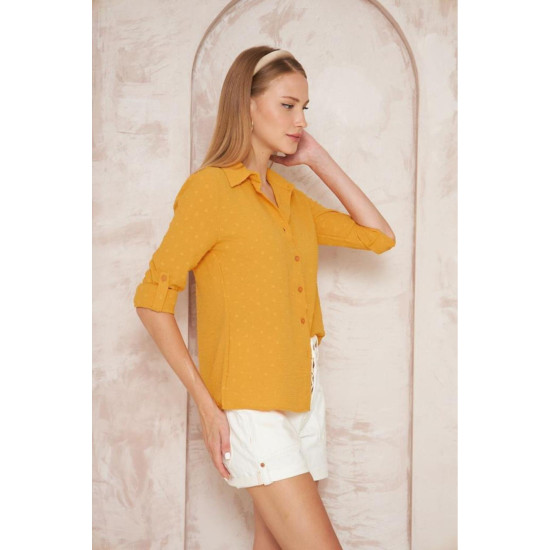 Pasaklı Giyim Hardal Sarısı Ponpon Dokulu Slim Fit Aerobin Kadın Gömlek