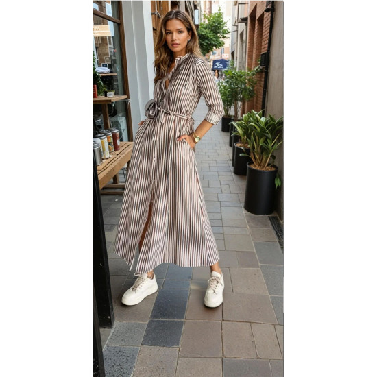 Pasaklı Giyim Kahve Bej Siyah Çizgili Parçalı Kemerli Kadın Gömlek Elbise