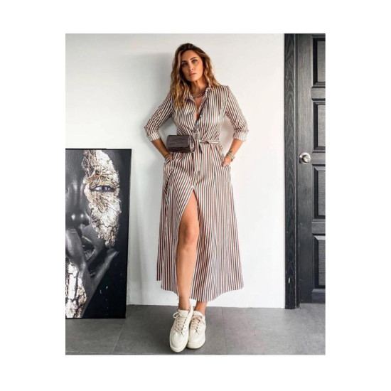 Pasaklı Giyim Kahve Bej Siyah Çizgili Parçalı Kemerli Kadın Gömlek Elbise