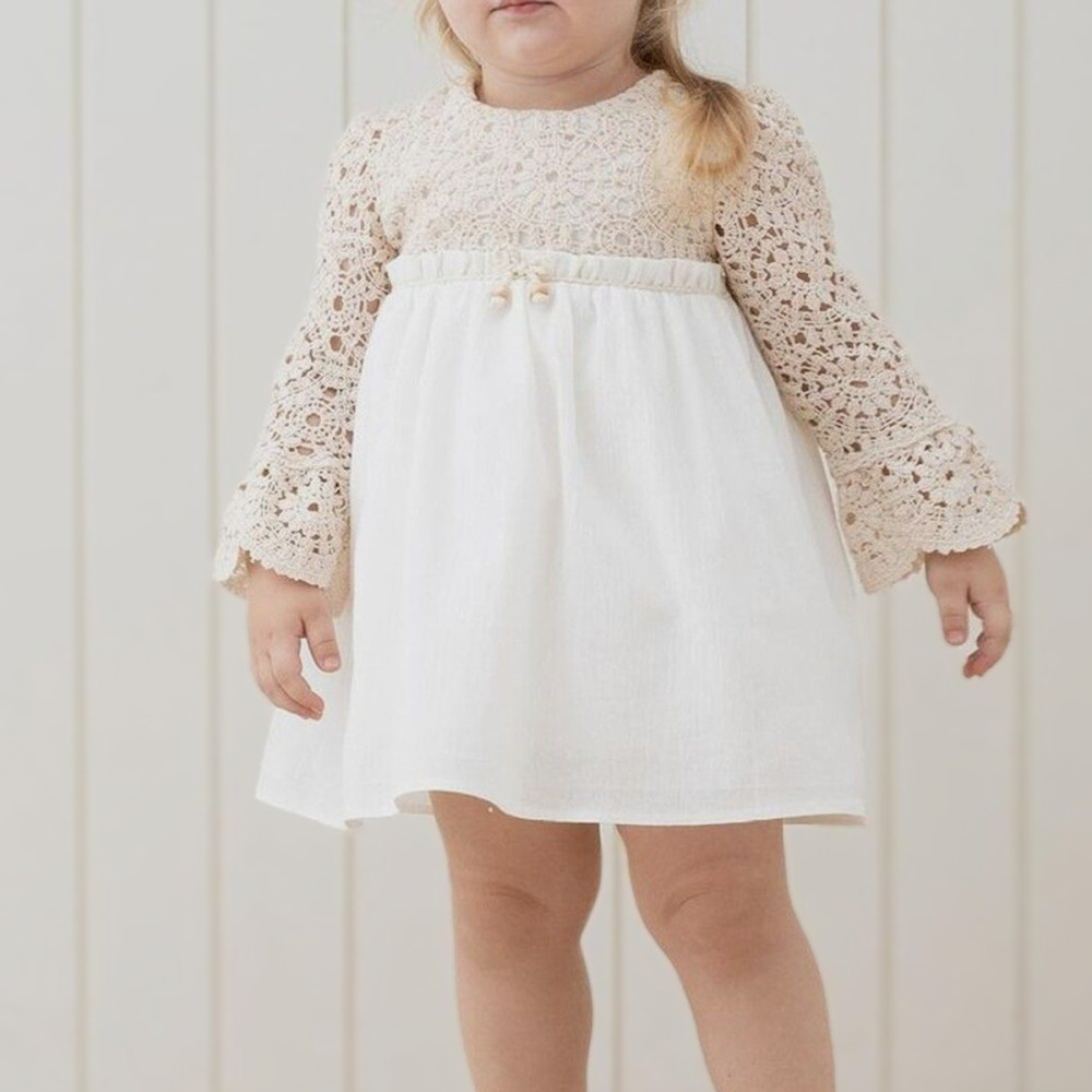 Kız Bebek Elbise Kız Çocuk Elbise Doğum Günü Parti Düğün Keten Uzun Kollu Astarlı Elbise