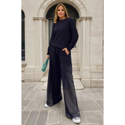 Kadın Siyah Uzun Kollu Sweatshirt , Bol Paça Beli Lastikli Cepli Pantolon - Alt & Üst Takım 3485500