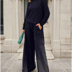 Kadın Siyah Uzun Kollu Sweatshirt , Bol Paça Beli Lastikli Cepli Pantolon - Alt & Üst Takım 3485500