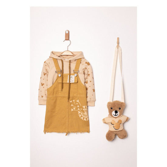 Kız Bebek Kız Çocuk Salopet Slopet Bahçıvan Elbise 2 li Takım Uzun Kollu Çantalı Elbise