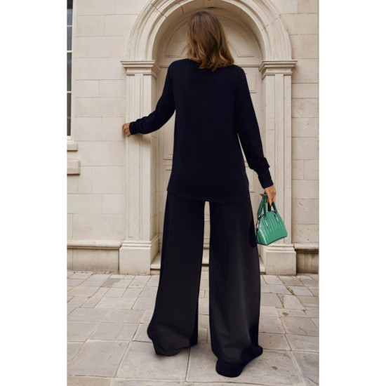 Kadın Siyah Uzun Kollu Sweatshirt , Bol Paça Beli Lastikli Cepli Pantolon - Alt & Üst Takım 3485500