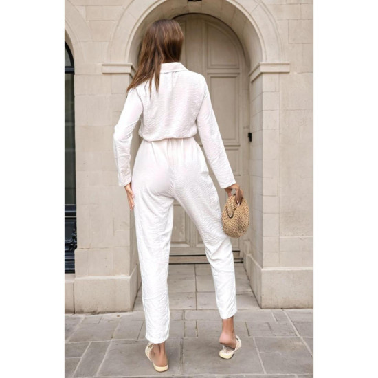 Kadın Safari Uzun Kollu Beli Bağcıklı Düğmeli Cepli Tulum Açık Krem 3164450