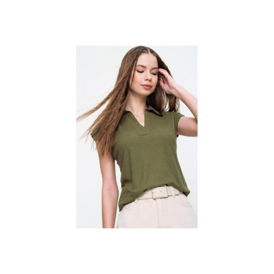 Kadın Haki Yeşil Kısa Kollu Fitilli Kaşkorse Viskon Pamuk Polo Yaka Bluz T-shirt 2879140
