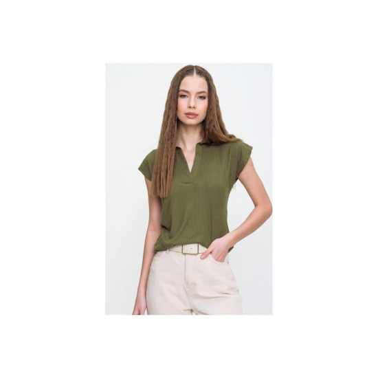 Kadın Haki Yeşil Kısa Kollu Fitilli Kaşkorse Viskon Pamuk Polo Yaka Bluz T-shirt 2879140