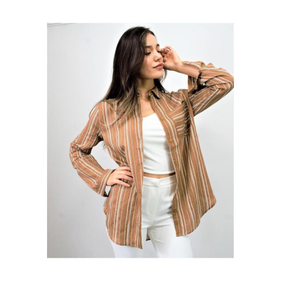 Kadın Dik Çizgili Tek Cep Arkası Uzun Oval Basic Gömlek Yb3266200