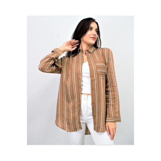 Kadın Dik Çizgili Tek Cep Arkası Uzun Oval Basic Gömlek Yb3266200