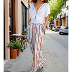 Kadın Kiremit Bej Dik Çizgili Beli Lastikli Cepli Pantolon Tesettür Pantolon 3258200