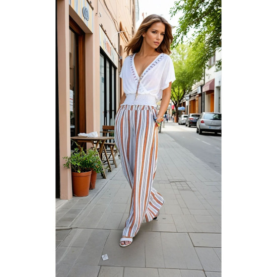 Kadın Kiremit Bej Dik Çizgili Beli Lastikli Cepli Pantolon Tesettür Pantolon 3258200