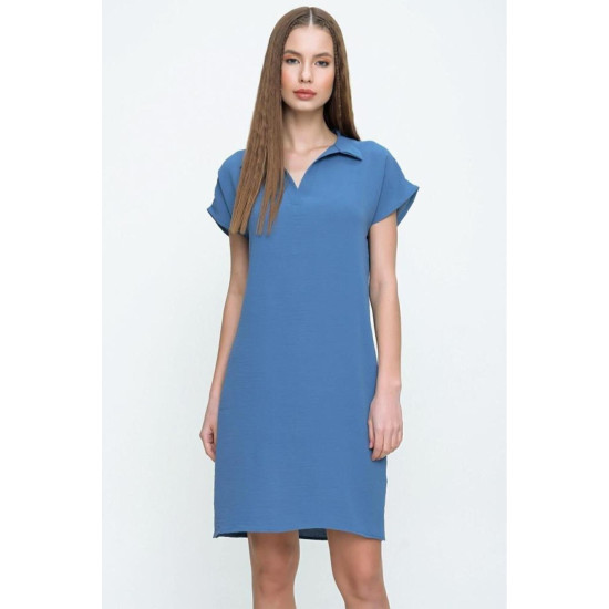Kadın Indigo Bol Kesim Polo Yaka Kısa Kollu Günlük Kısa Midi Elbise Dizüstü 2883230